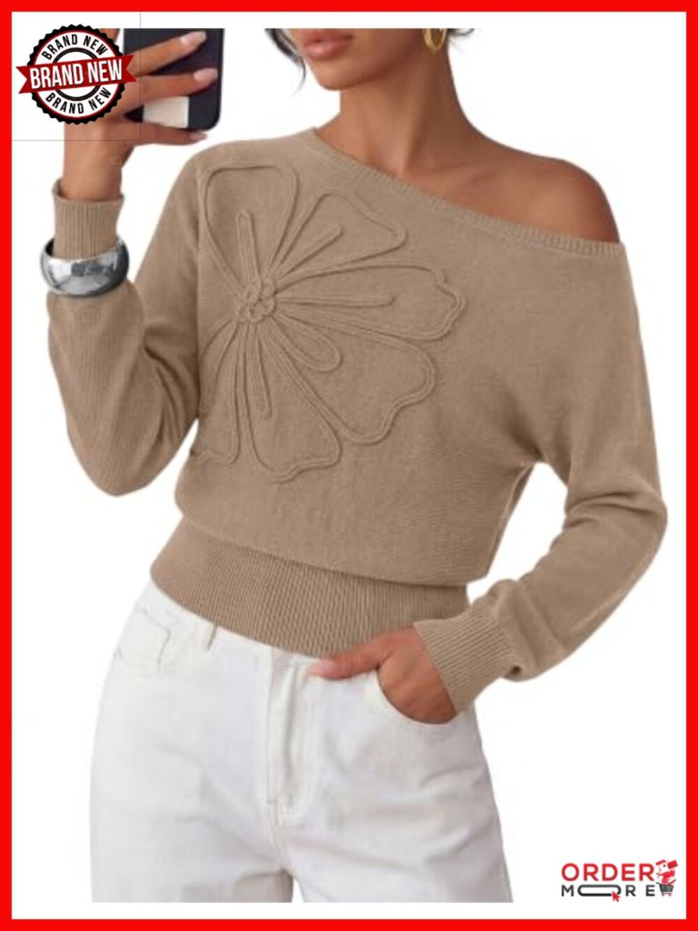 Off Shoulder Sweater Convertible Boat Neck 3D Flower Crop